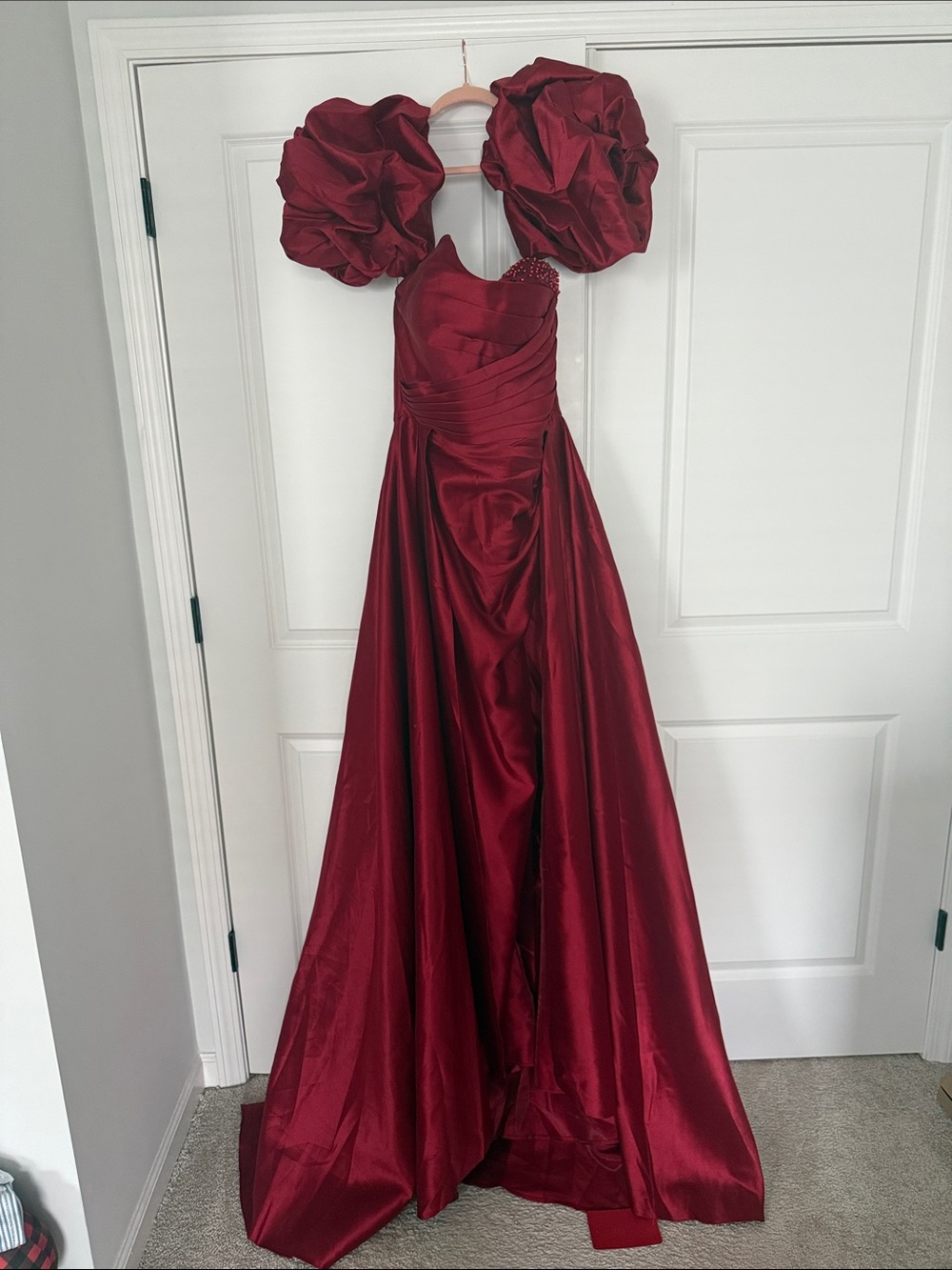 Fashion Nova Burgundy Prom Gown with Dramatic Puff Sleeves